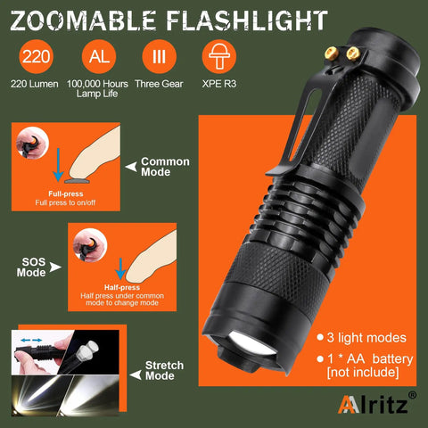 Zoomable flashlight with 220 lumens and three light modes, detailed usage instructions and features displayed on orange background.