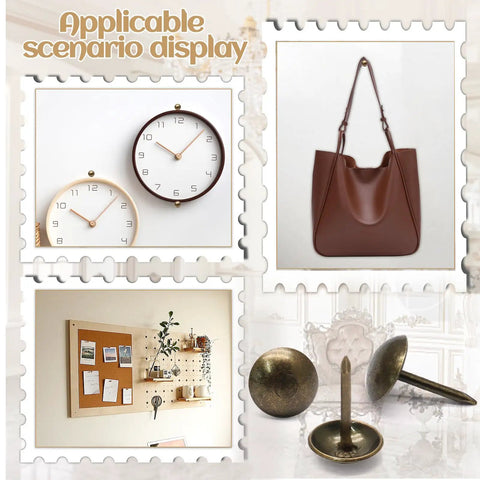 Knockout Bronze Upholstery Tacks For Couch Repairs And DIY Crafts shown with clocks, bag, and bulletin board for practical use.
