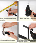 Installation steps for Overhead Garage Storage Hooks 4 Pack Heavy Duty Ceiling Mount Hangers with tools and measurements.
