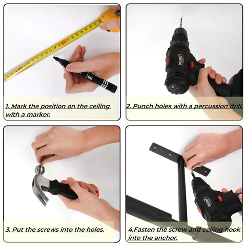 Installation steps for Overhead Garage Storage Hooks 4 Pack Heavy Duty Ceiling Mount Hangers with tools and measurements.