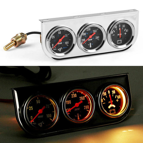 Front chrome panel 52mm triple gauge kit with black-face oil pressure, water temp, and ammeter gauges.