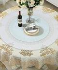 Big Boy Sized Round Lazy Susan With Dead Silent Glide 360 Degree Rotation Serving Tray Built From Bumper Glass And Heavy Duty Aluminum Base on a dining table with a floral tablecloth.