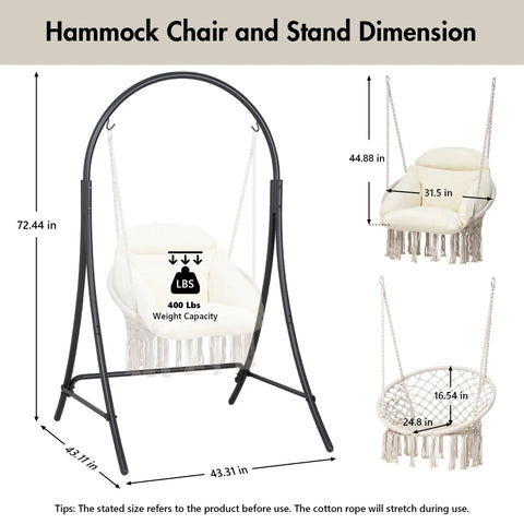 Dimensions of Macrame Hammock Chair With Stand Heavy Duty Swing Chair Cushioned Seat Natural Color For Patio Porch Outdoor
