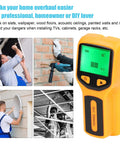 Stud Finder Wall Scanner, 5 in 1 Stud Finder Tool with LCD Display (Yellow) in use detecting tools on various surfaces.