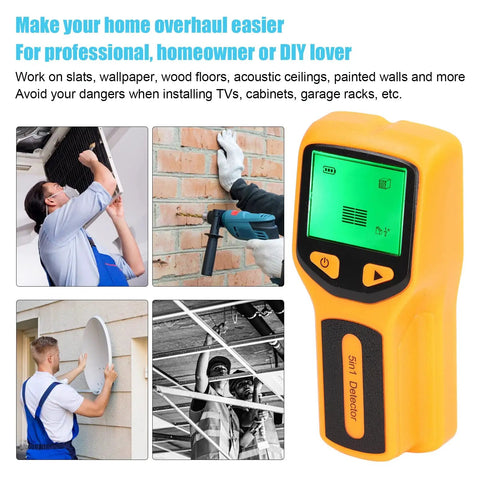 Stud Finder Wall Scanner, 5 in 1 Stud Finder Tool with LCD Display (Yellow) in use detecting tools on various surfaces.