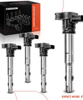 Set of four ignition coil packs for Audi and Volkswagen vehicles, plug and play, compatible with A3 A4 A5 A6 Q3 TT Quattro Allroad Beetle Golf Jetta Passat Tiguan Eos, 1.8L and 2.0L engines, alongside branded packaging box.