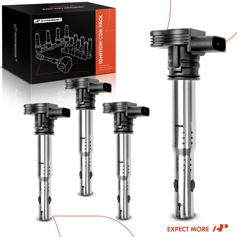 Set of four ignition coil packs for Audi and Volkswagen vehicles, plug and play, compatible with A3 A4 A5 A6 Q3 TT Quattro Allroad Beetle Golf Jetta Passat Tiguan Eos, 1.8L and 2.0L engines, alongside branded packaging box.