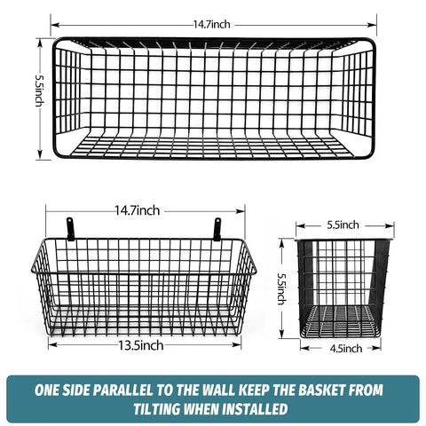 Extra Large Hanging Wall Mount Storage Baskets 4 Pack Sleek Black Wire Metal Organizer With Adhesive And Steel Hooks Badass Durability Zero Hassle Setup For Kitchen Bathroom Pantry And Utility Spaces