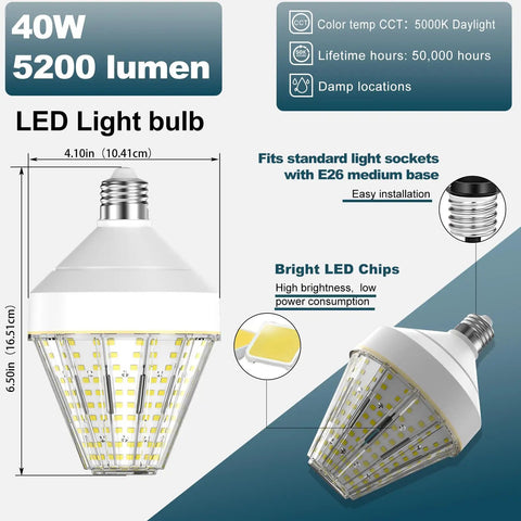 5200 Lumen LED Corn Cob Light Bulb 40W Equivalent To 300W Daylight 5000K E26 Base energy-saving light, front and side view
