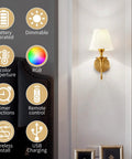 Wireless Vintage Wall Sconce Set Of Two Rechargeable Dimmable RGB Lights With Remote Antique Brass And Fabric Shade mounted with icons showing features.