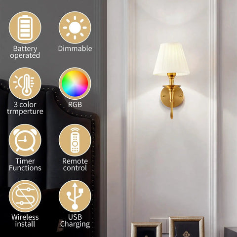 Wireless Vintage Wall Sconce Set Of Two Rechargeable Dimmable RGB Lights With Remote Antique Brass And Fabric Shade mounted with icons showing features.