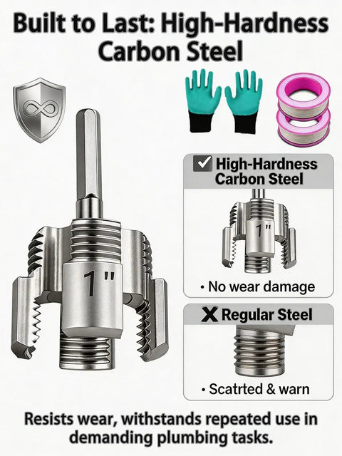 All In One Pipe Threader And Tapping Kit For Half Inch, Three Quarter Inch, And One Inch Dies Works With Electric Drills Internal And External NPT Threads Pro Grade Heavy Duty Carbon Steel For Plumbers And Home DIY, emphasizing high-hardness carbon steel durability and repeated usage.