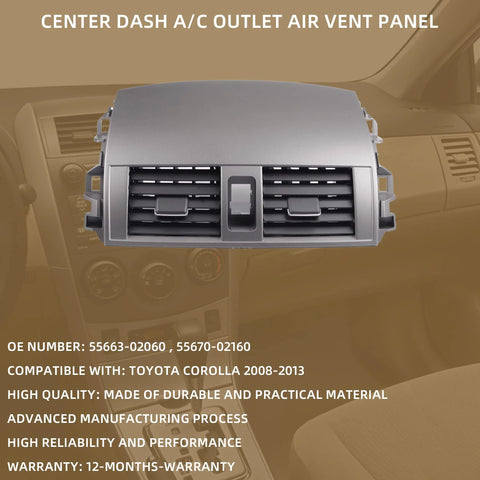 Front view of Dasbecan center dash A/C vent panel for Toyota Corolla 2008-2013, gray plastic.