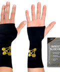 Copper Infused Wrist Brace Pair For Carpal Tunnel Pain Relief, adjustable medium fit shown on hands with packaging