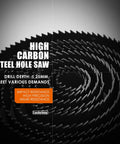 Close-up of high carbon steel hole saw blades promoting impact resistance, precision, and wear resistance features.