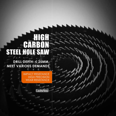 Close-up of high carbon steel hole saw blades promoting impact resistance, precision, and wear resistance features.