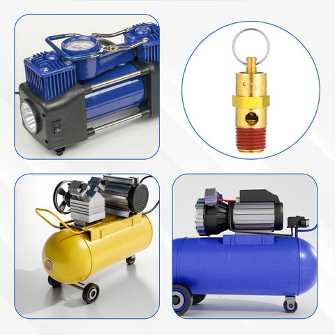 Four-view collage of air compressors: blue unit, brass 1/4-inch relief valve, yellow portable compressor, blue tank.