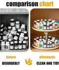 Comparison of disorganized bottles and 2 Tier Lazy Susan Turntable Organizer For Medicine Cabinet And Kitchen Countertop, 11 Inch Clear Rotating Spice Rack With 3 Dividers Per Tray, 360 Degree Spin, The Grab And Go Pantry And Bathroom Storage For Bottles And Jars