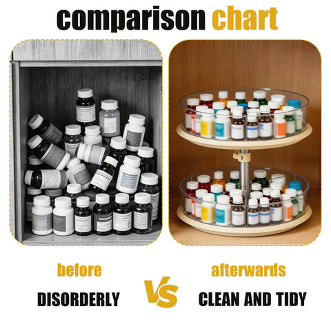 Comparison of disorganized bottles and 2 Tier Lazy Susan Turntable Organizer For Medicine Cabinet And Kitchen Countertop, 11 Inch Clear Rotating Spice Rack With 3 Dividers Per Tray, 360 Degree Spin, The Grab And Go Pantry And Bathroom Storage For Bottles And Jars