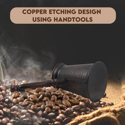 Antique Copper Turkish Coffee Pot With Wooden Handle For Authentic Cezve Ibrik Briki Brewing Greek And Arabic Style Thick Brew On The Stove Medium Size Rich Flavor And Even Heat For Perfect Home Brewed Espresso Style Coffee, side view on coffee beans.