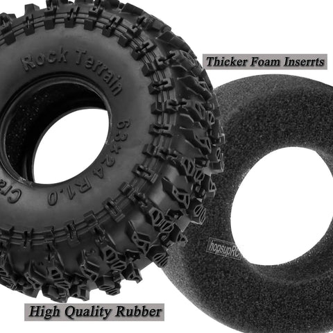 1.0 Inch Beadlock Wheel Set For SCX24 TRX4M RC Crawler Cars showing black rubber tire and foam insert