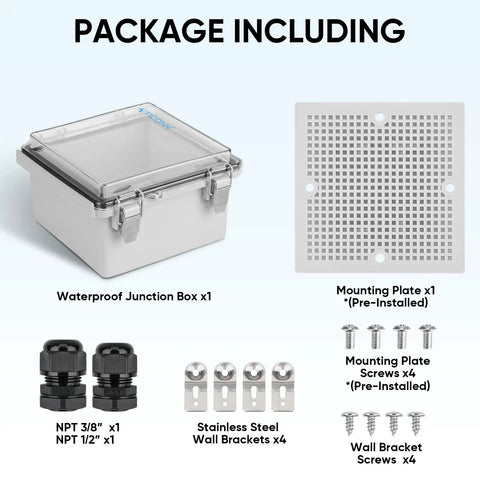 Waterproof Electrical Junction Box IP67 ABS Plastic Enclosure With Hinged Cover Mounting Plate Wall Brackets And Cable Glands