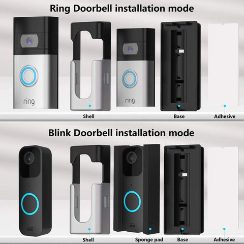 Installation components for No Drill Adhesive Doorbell Mount For Blink And Ring Video Doorbells, showing shells, base, and adhesive.