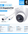 UltraHD 4K Outdoor Security Turret Cam PoE With 3840x2160 Clarity 98ft Night Vision 125 Degree Wide Field Of View IP67 Weatherproof
