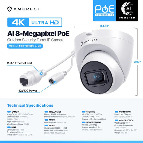 UltraHD 4K Outdoor Security Turret Cam PoE With 3840x2160 Clarity 98ft Night Vision 125 Degree Wide Field Of View IP67 Weatherproof
