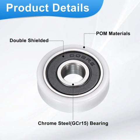 Slick 4 Pack Heavy Duty Roller Idler Bearing Pulleys 8X26X7MM showing double shielded 608RS bearing with POM materials.