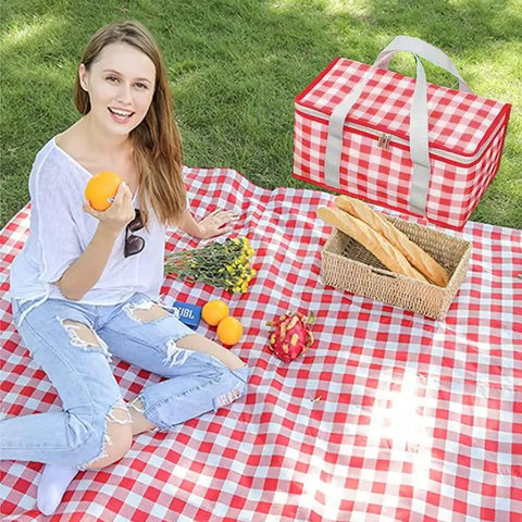Woman enjoying picnic with Lightweight Foldable Insulated Picnic Cooler Bag With Zippered Top And 24L Capacity For Hot Or Cold Food