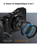 Black Mist Diffusion One Quarter Filter For Fujifilm X100 Series attached to camera lens with magnetic adapter
