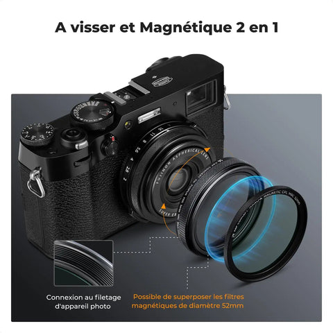 Black Mist Diffusion One Quarter Filter For Fujifilm X100 Series attached to camera lens with magnetic adapter
