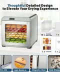 Heavy Duty Ten Tray Food Dehydrator Machine That Runs Smooth Like A Champ With 800W Turbo Power And Reliable Timer For Perfect Beef Jerky Chewy Fruit Leather And Homestyle Dog Treats In Sturdy Silver Frame with colorful dried fruits and stainless steel design.