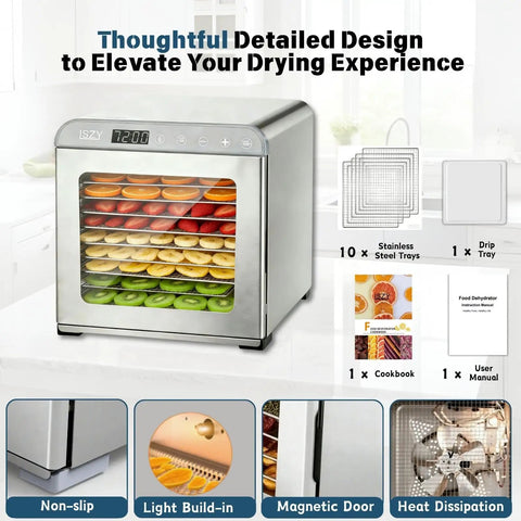 Heavy Duty Ten Tray Food Dehydrator Machine That Runs Smooth Like A Champ With 800W Turbo Power And Reliable Timer For Perfect Beef Jerky Chewy Fruit Leather And Homestyle Dog Treats In Sturdy Silver Frame with colorful dried fruits and stainless steel design.