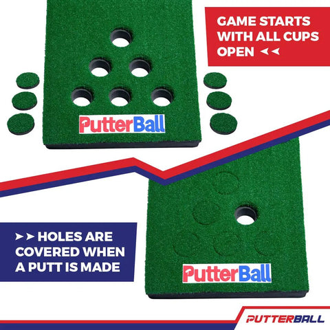 Backyard 12 Ft Putting Green Golf Game Set with hole covers and open holes for indoor or outdoor play.