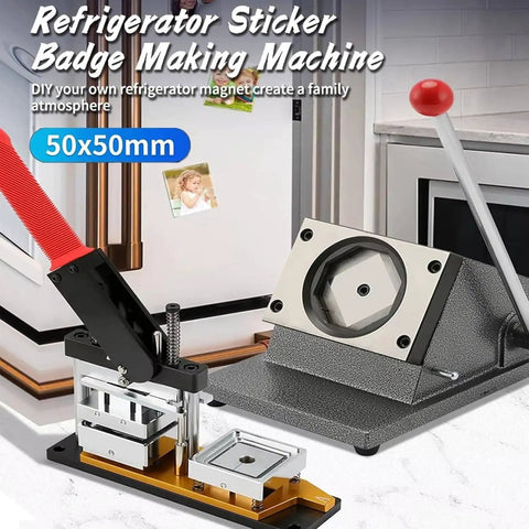 DIY Fridge Magnet Kit With Paper Cutter And 100 Supplies shown with magnet maker and paper cutter on white counter.