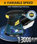 Slick Five Inch Orbital Sander With Six Speed Controls And Killer Dust Collection For Dead Simple Wood And Metal Refinishing At Thirteen Thousand Rpm With Twenty Grit Abrasive Discs Ready To Go, showing six speed settings.