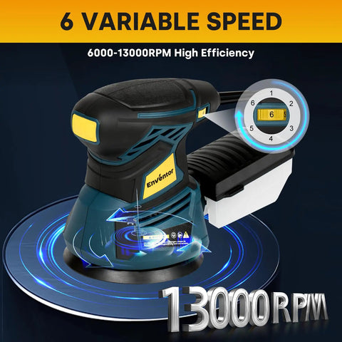 Slick Five Inch Orbital Sander With Six Speed Controls And Killer Dust Collection For Dead Simple Wood And Metal Refinishing At Thirteen Thousand Rpm With Twenty Grit Abrasive Discs Ready To Go, showing six speed settings.