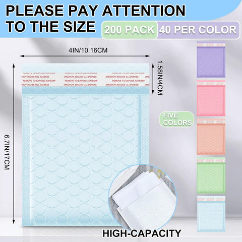 200-Count 4x6 Inch Bubble Mailers Waterproof Padded Envelopes Self Adhesive Poly Bubble Packaging Bulk Shipping Bags For Cards, Mailings, And Trading Packaging Pastel Color Options, showcasing dimensions and multiple colors.