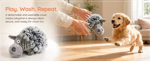Golden retriever puppy and detachable rolling plush toy for dogs with removable motion ball in play setting