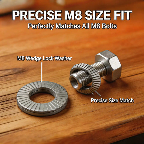 M8 Wedge Lock Washers 50 Piece Kit Rock Solid Anti Loosening Shakeproof Fasteners For Automotive Bolts High Vibration Resistant Heavy Duty Construction Hardware Zero Wiggle Install with bolt on wood surface.