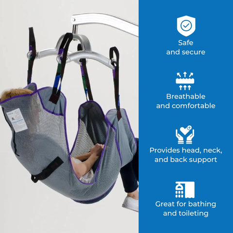 Full Body Mesh Commode Sling Patient Aid Designed For Hoyer Lifts With Four Positioning Straps supporting a seated person.