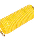 Heavy Duty Coiled Air Compressor Hose 1/4 Inch X 25 Foot Lightweight Nylon Design With Brass Fittings coiled in a spiral shape.