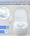 Elongated Raised Toilet Seat Risers Adjustable Height Three Secure Lift Pads For Adults And Seniors No More Bending Premium Heavy Duty Rock Solid Straight Up Easy with lid and armrests.