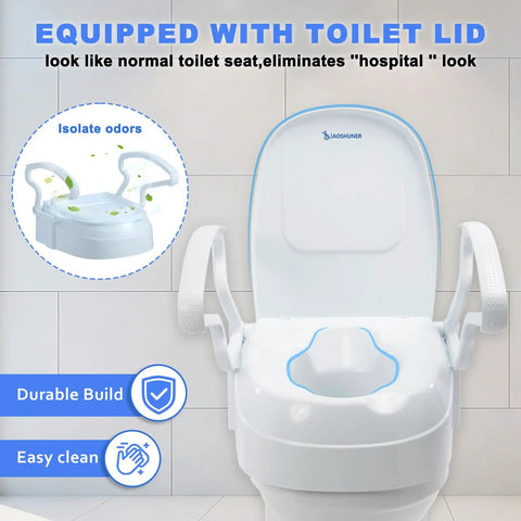 Elongated Raised Toilet Seat Risers Adjustable Height Three Secure Lift Pads For Adults And Seniors No More Bending Premium Heavy Duty Rock Solid Straight Up Easy with lid and armrests.