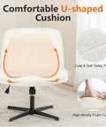 Criss Cross Furry Armless Office Chair With Wide Seat, Height Adjustable Vanity Desk Stool, Cozy Teddy Beige fabric detail