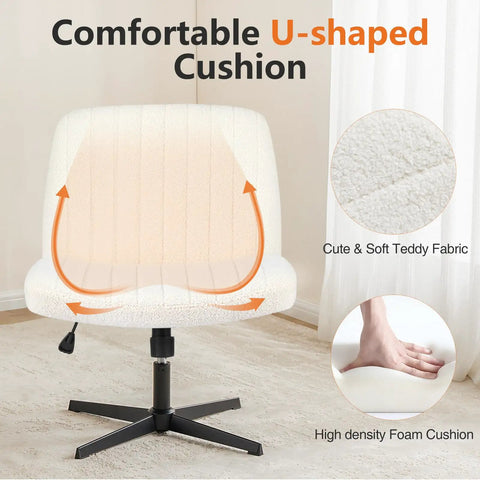 Criss Cross Furry Armless Office Chair With Wide Seat, Height Adjustable Vanity Desk Stool, Cozy Teddy Beige fabric detail