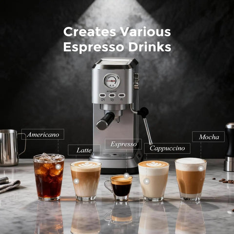 Zero Hassle Compact Espresso Maker With Milk Frother, 20 Bar Pump Delivers Quick Shots, 50 Ounce Tank brewing Americano, Latte, Espresso, Cappuccino, Mocha.