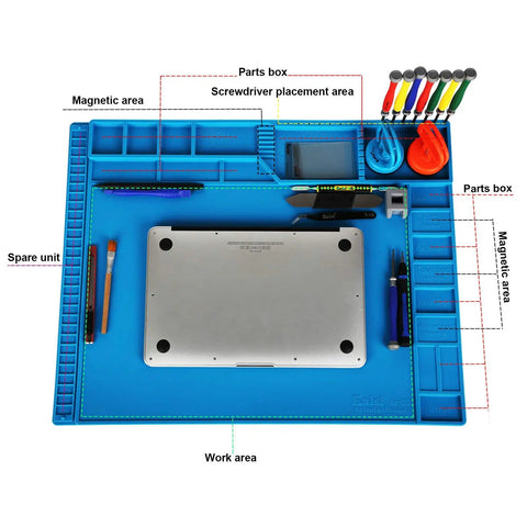 Large 21.6 By 16.9 Inch Electronics Repair Mat With Silicone Soldering Surface, Magnetic Pad And Anti Static Wrist Strap Insulation Work Station with tools
